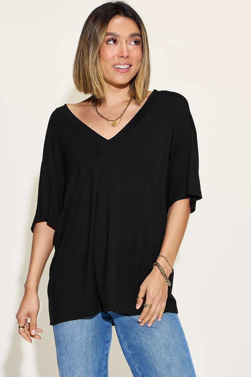 Basic Bae Full Size Bamboo V-Neck Drop Shoulder T-Shirt-Nordavory