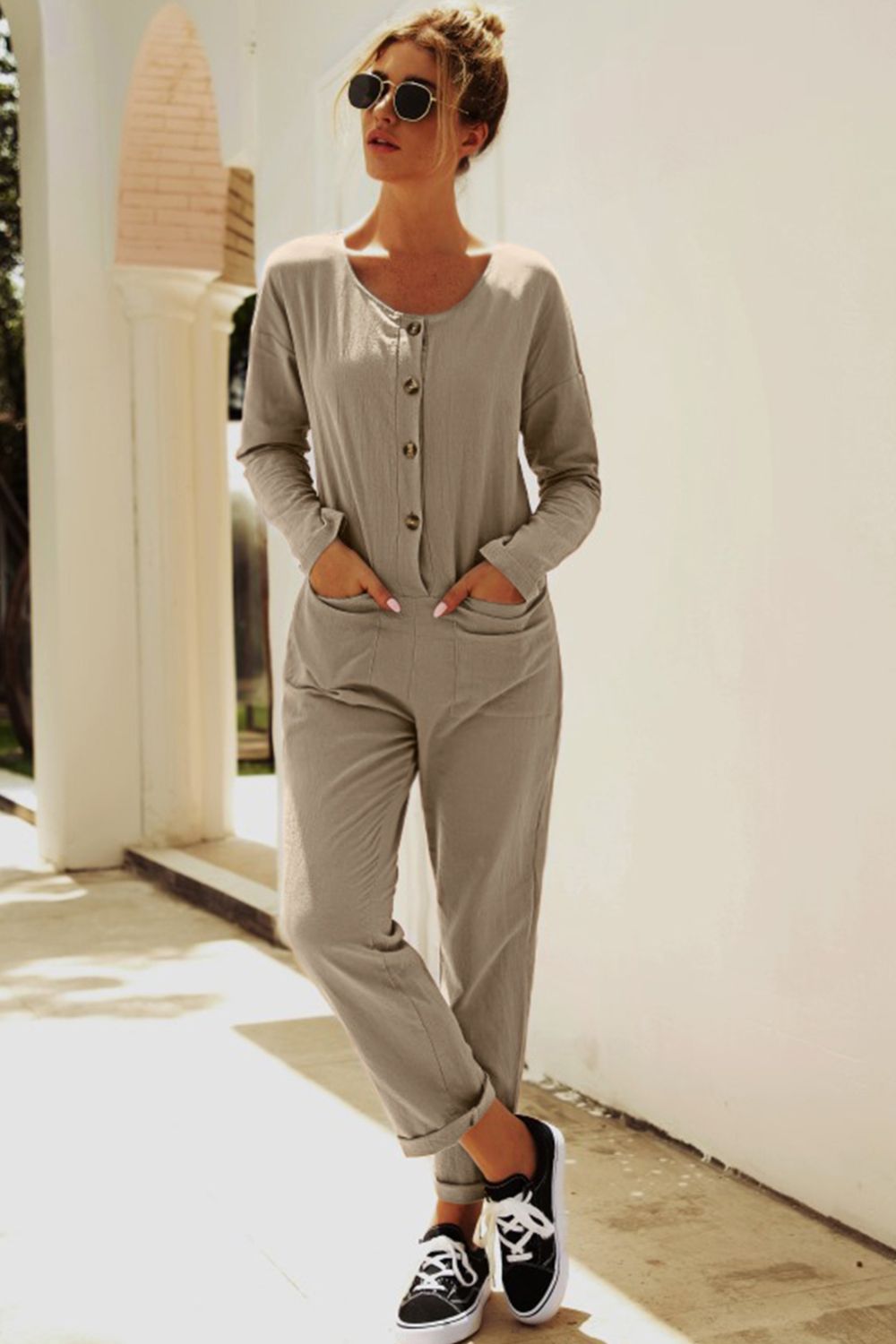 Buttoned Drop Shoulder Pocket Jumpsuit-Nordavory