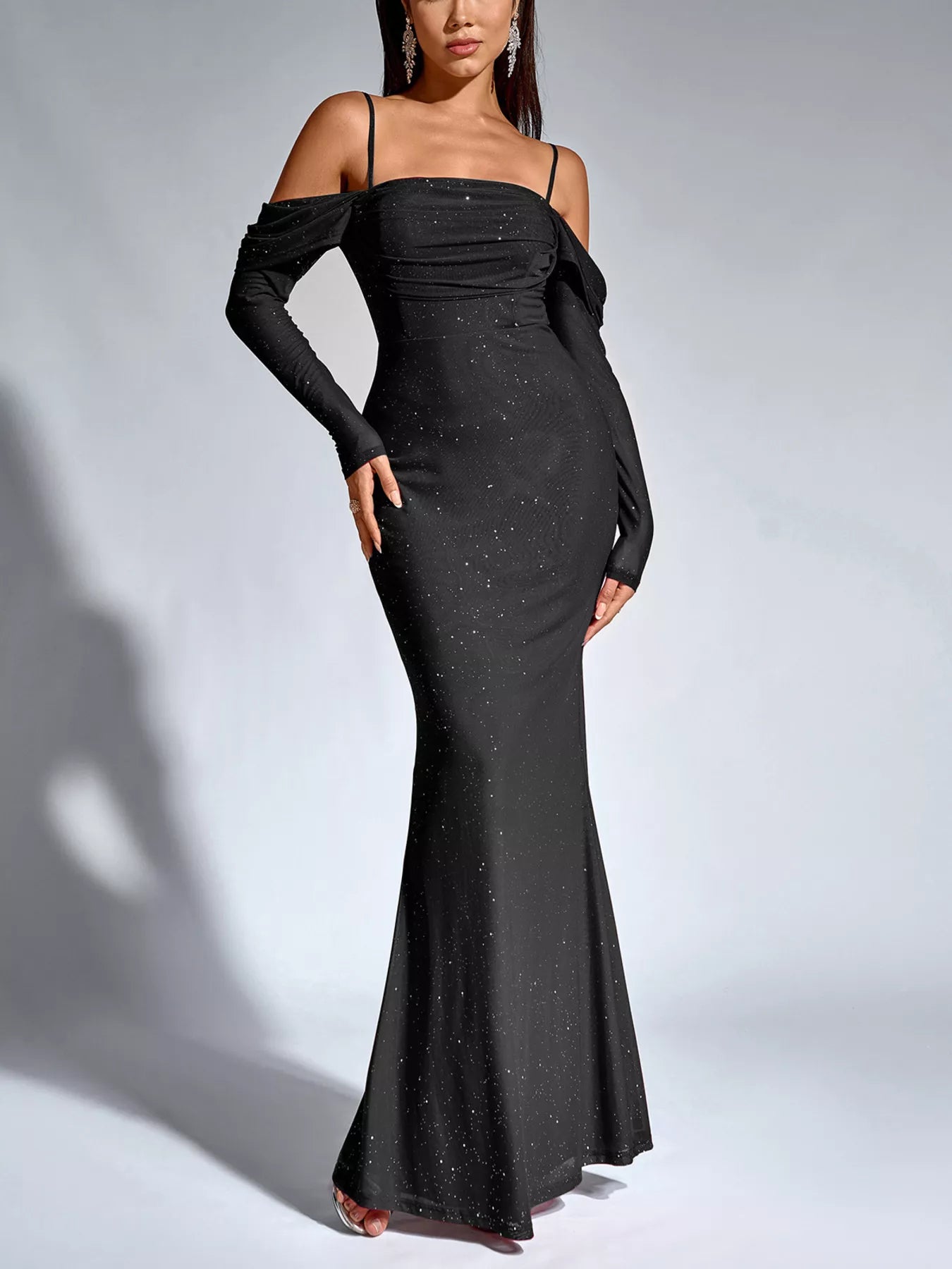 Glitter Ruched Long Sleeve Mermaid Maxi Dress-Nordavory