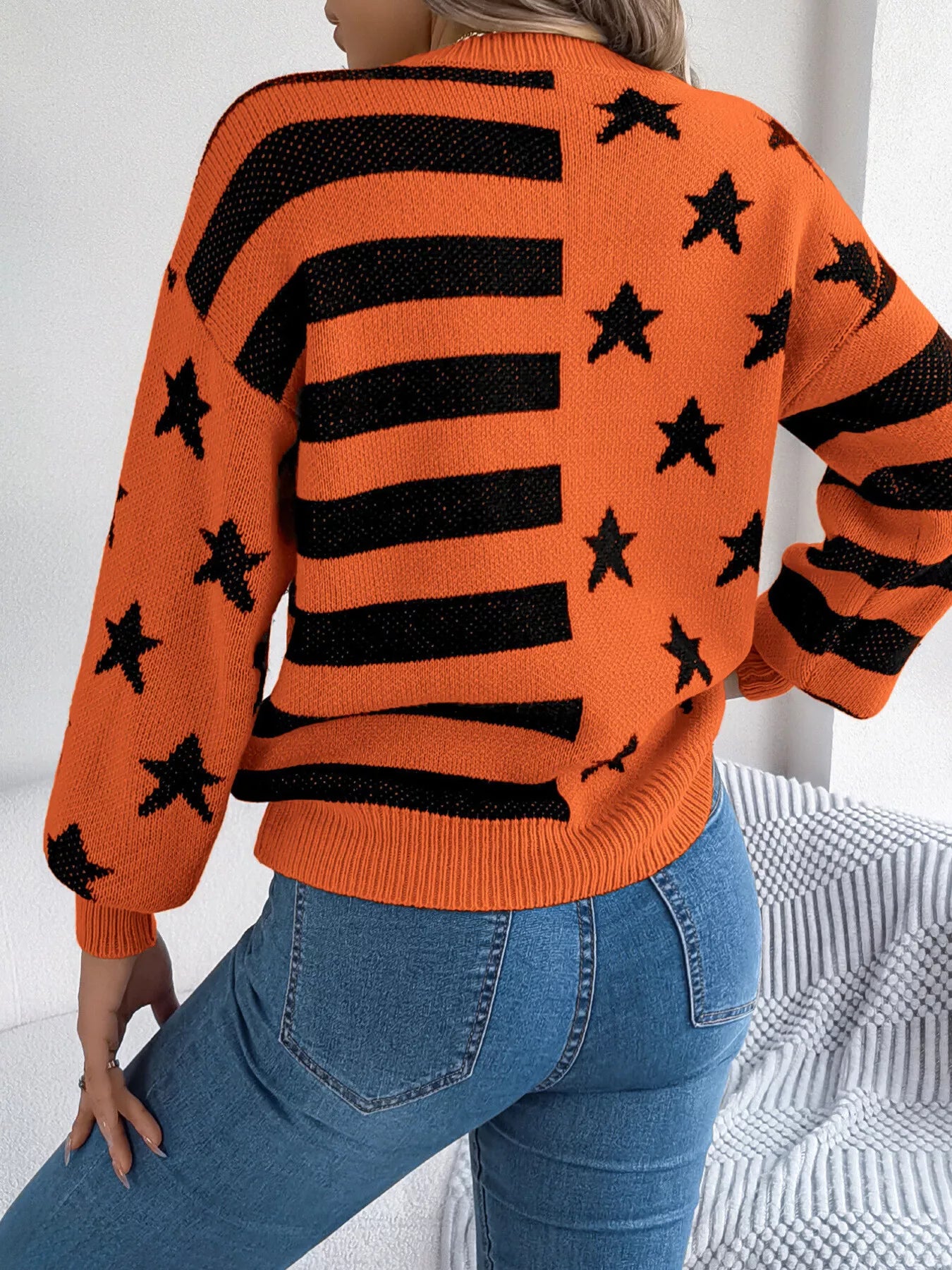 Stars and Stripes Pattern Casual Round Neck Sweater-Nordavory