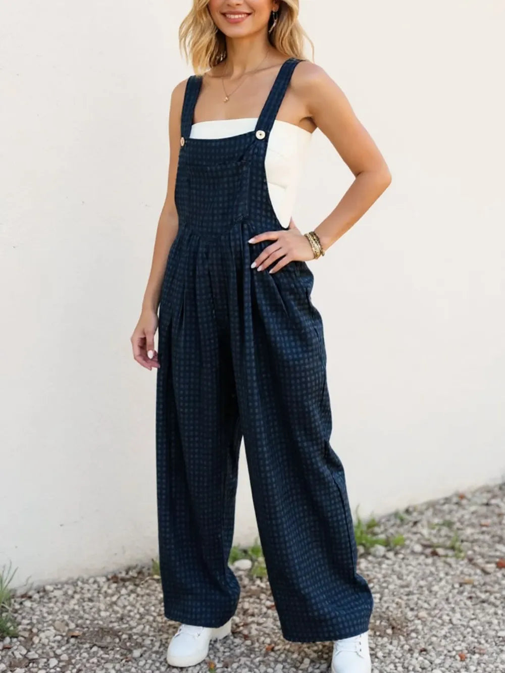 Oh Full Size Plaid Wide Leg Overalls with Pockets-Nordavory