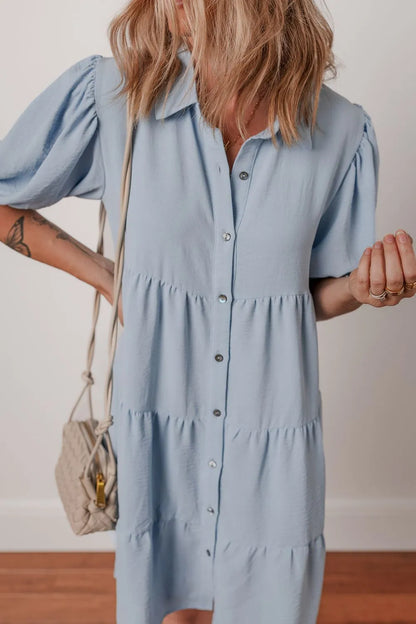 Button Up Puff Sleeve Tiered Shirt Dress-Nordavory