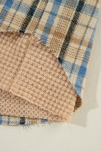 Drawstring Waffle Knit Patchwork Hooded Plaid Shacket-Nordavory