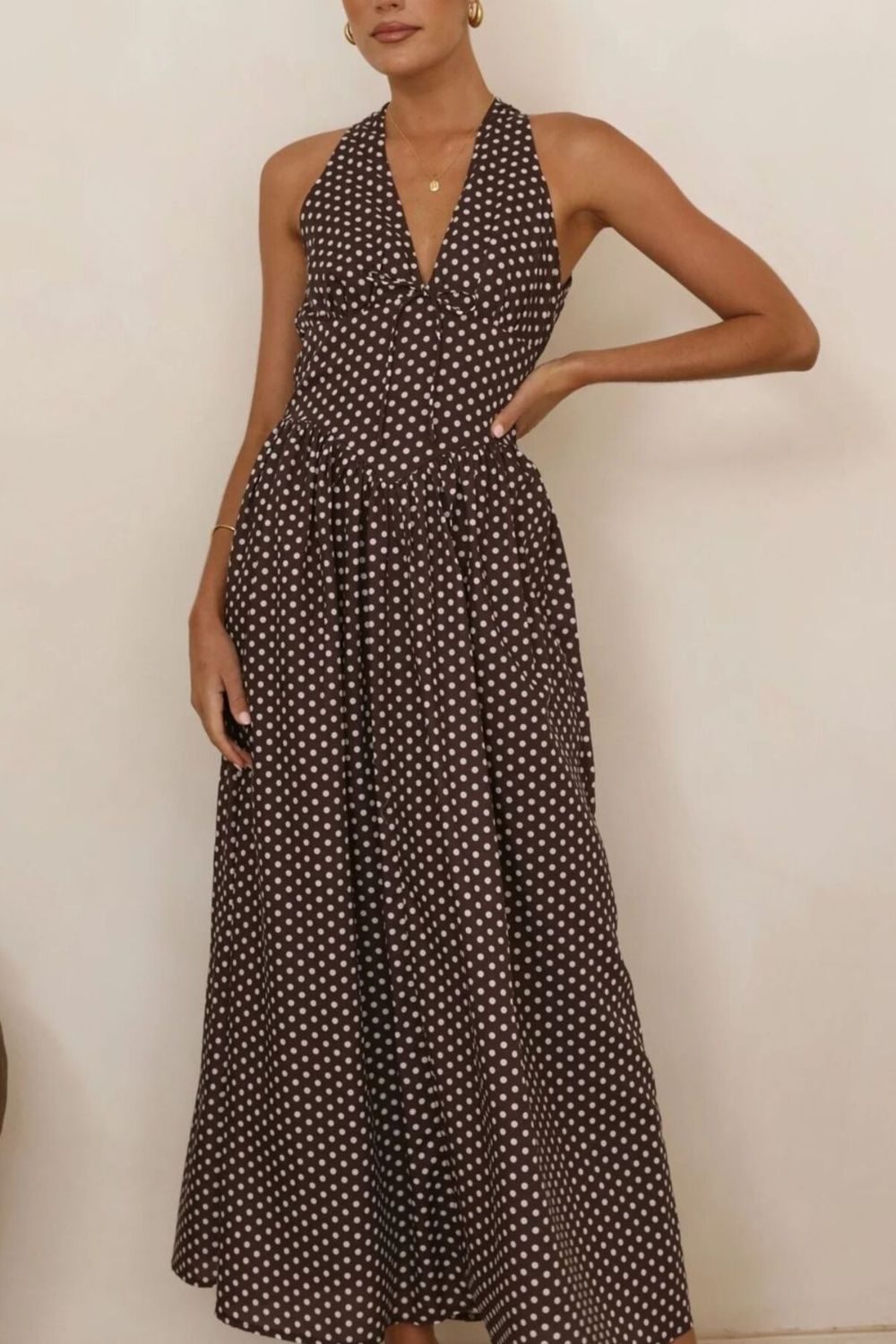 Backless Polka Dot Halter Neck Maxi Dress-Nordavory