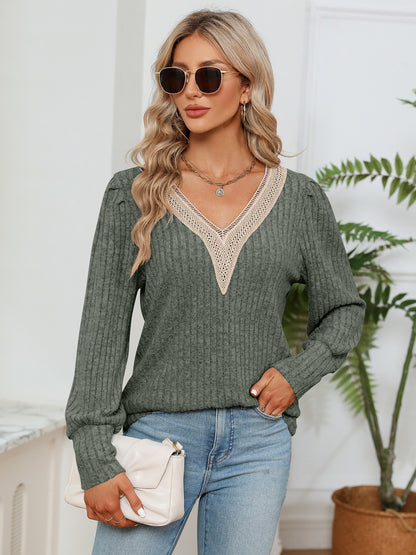Lace Detail V-Neck Ribbed Blouse-Nordavory