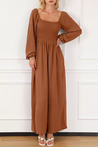 Boho Smocked Square Neck Wide Leg Jumpsuit-Nordavory