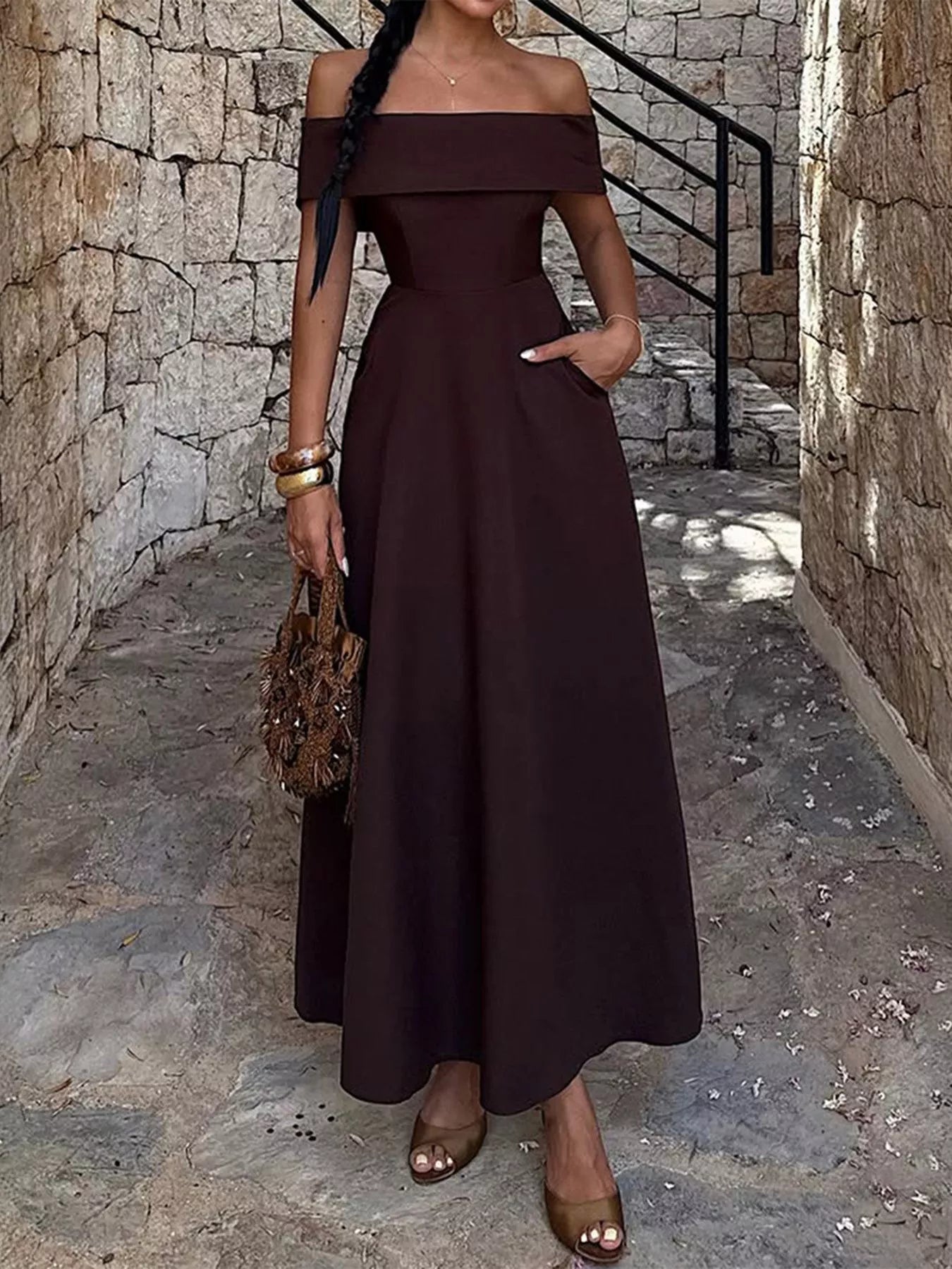 Off-Shoulder A-Line Maxi Dress-Nordavory