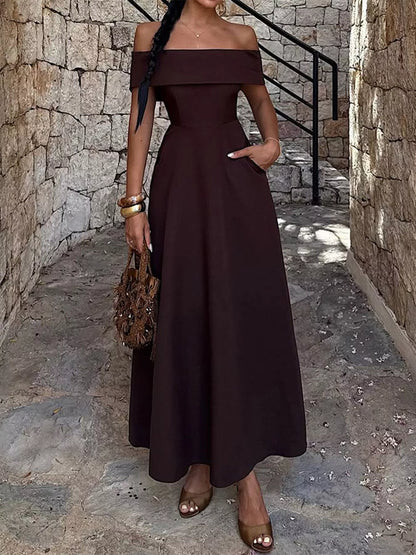 Off-Shoulder A-Line Maxi Dress-Nordavory