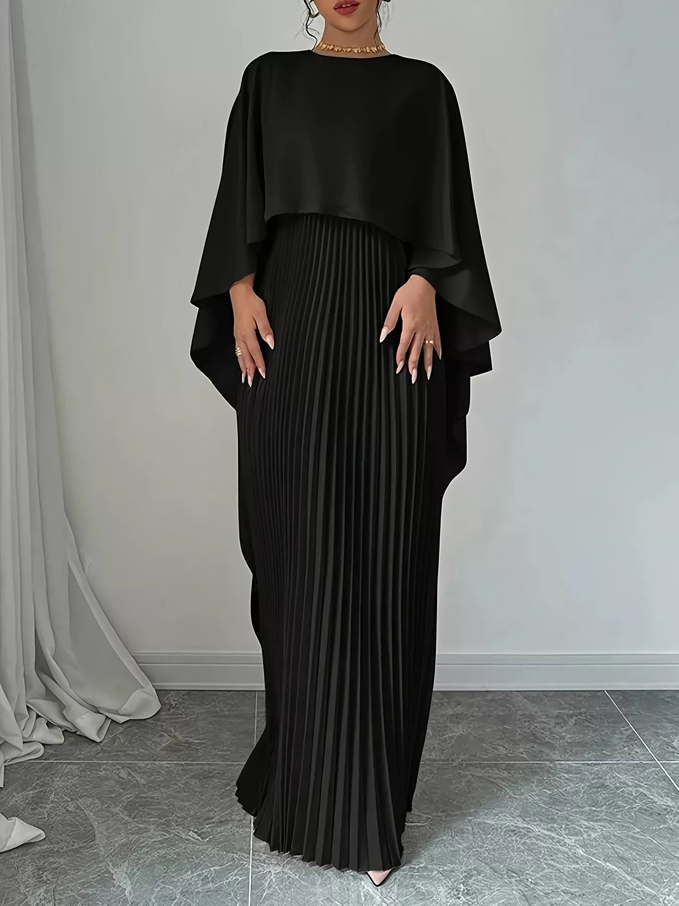 Cape Pleated Maxi Dress-Nordavory