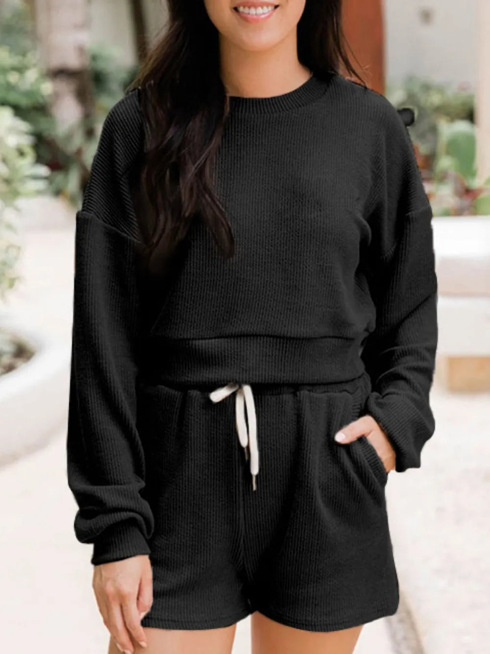 Ribbed Round Neck Long Sleeve Top and Shorts Set-Nordavory