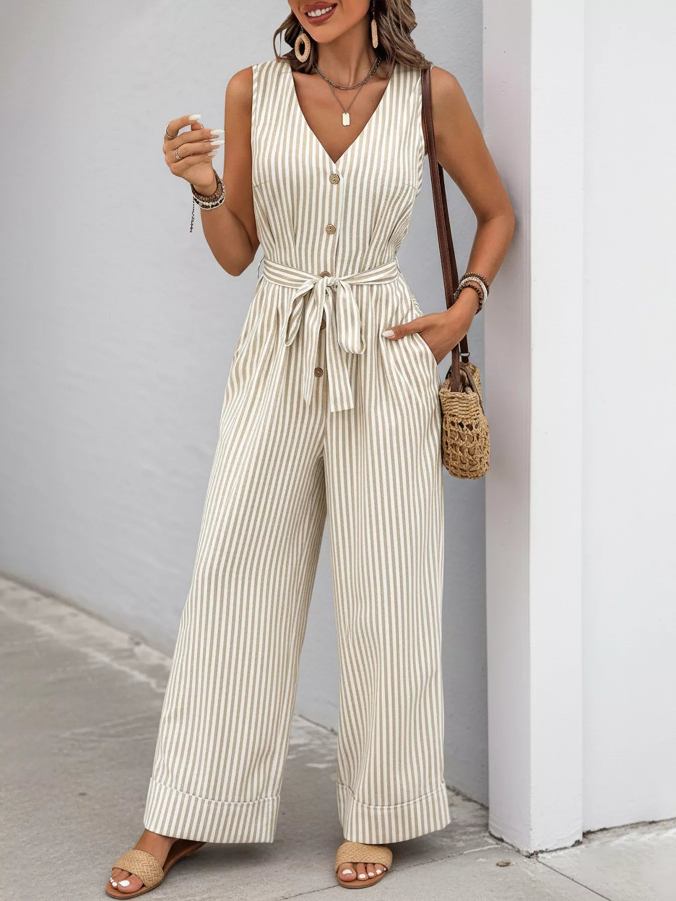 Striped Button-Front Wide Leg Jumpsuit-Nordavory
