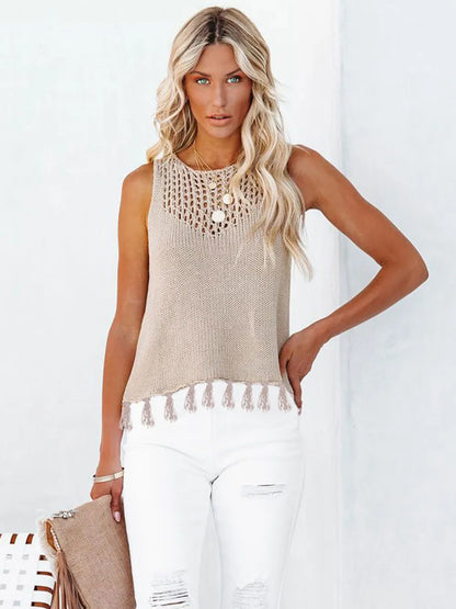Cutout Tassel Round Neck Tank-Nordavory