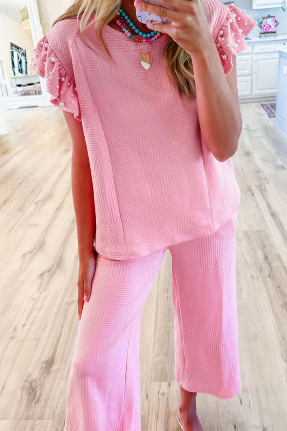 Textured Pearled Ruffled Sleeve Top and Wide Leg Pants Set-Nordavory