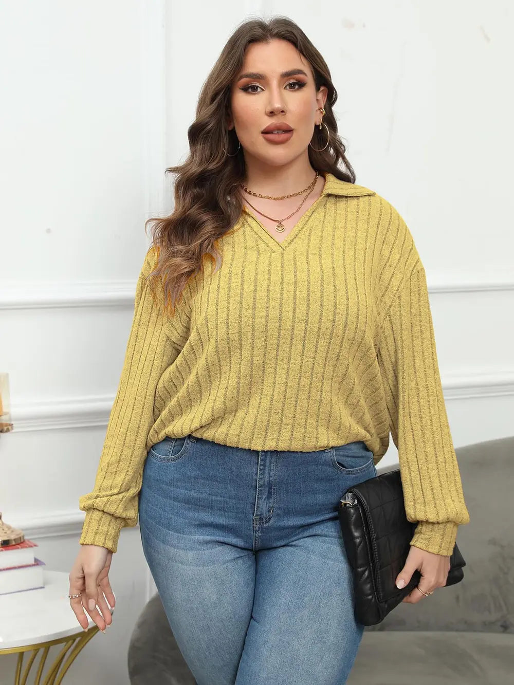 Plus Size Ribbed Collared Neck Long Sleeve Blouse-Nordavory