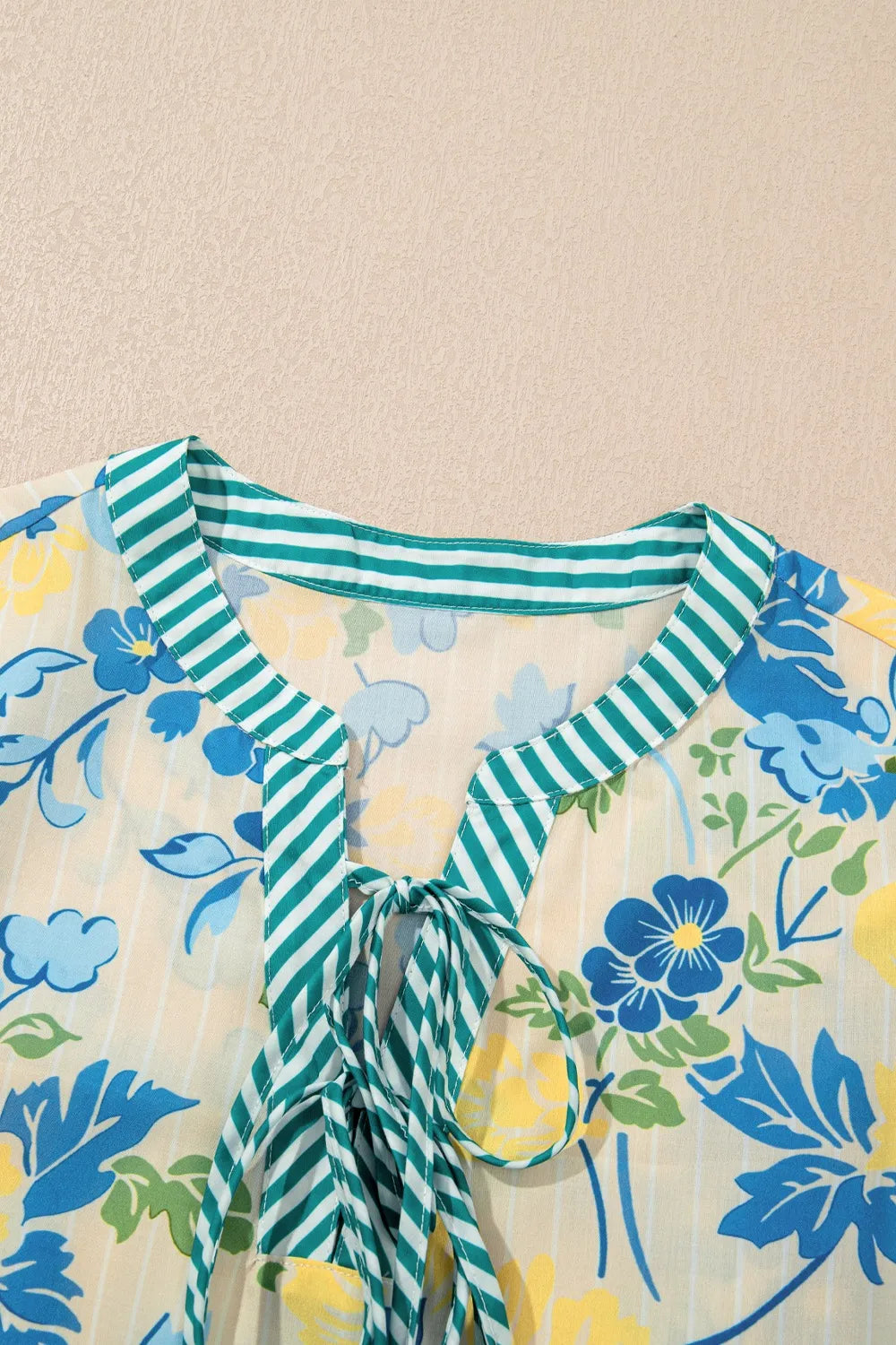 Floral Striped Trim Puff Short Sleeve Dress-Nordavory