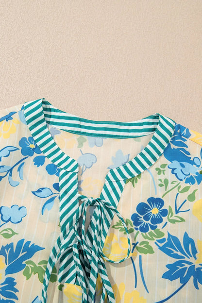 Floral Striped Trim Puff Short Sleeve Dress-Nordavory