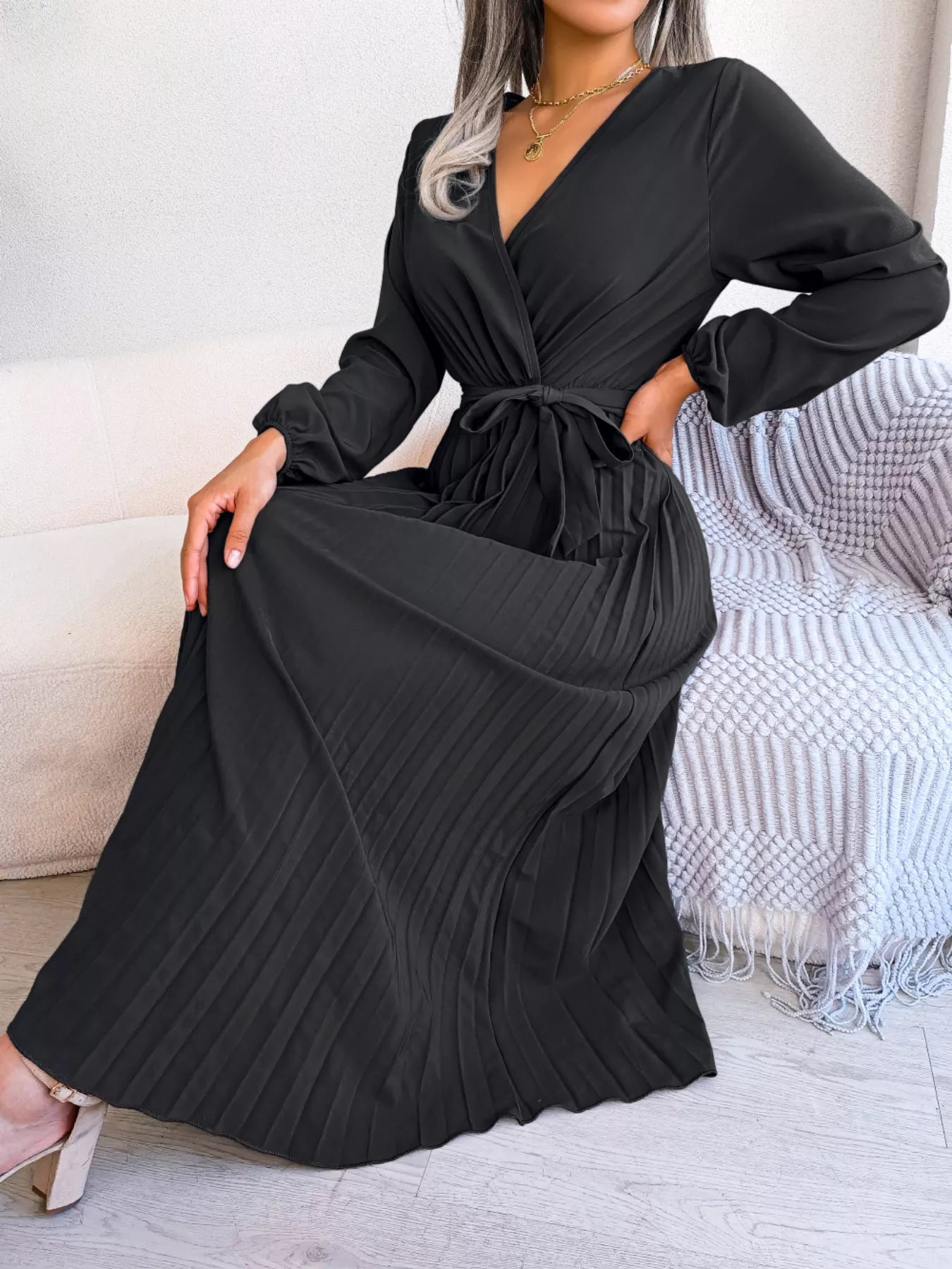 Elegant Pleated Front Tie Long Sleeve Dress-Nordavory