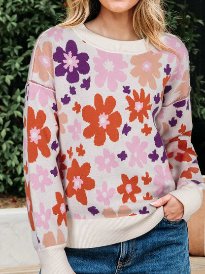 Floral Pattern Drop Shoulder Sweater-Nordavory