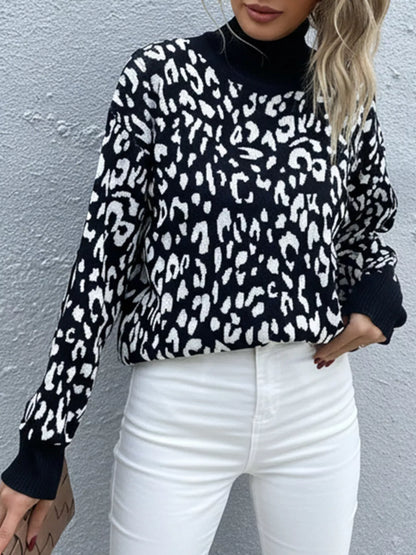 Leopard High Neck Pullover Sweater-Nordavory