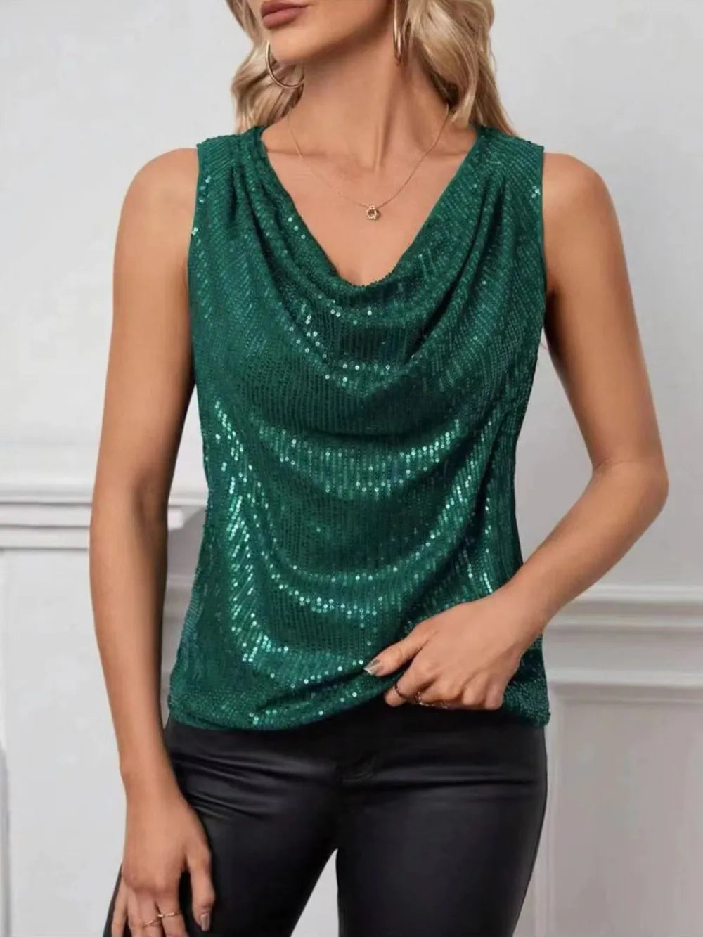 Sequin Cowl Neck Tank-Nordavory