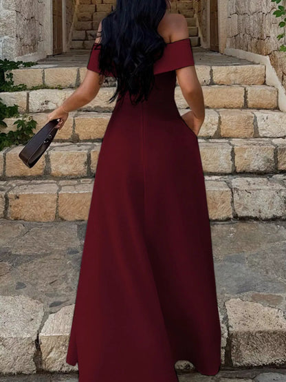 Off-Shoulder A-Line Maxi Dress-Nordavory