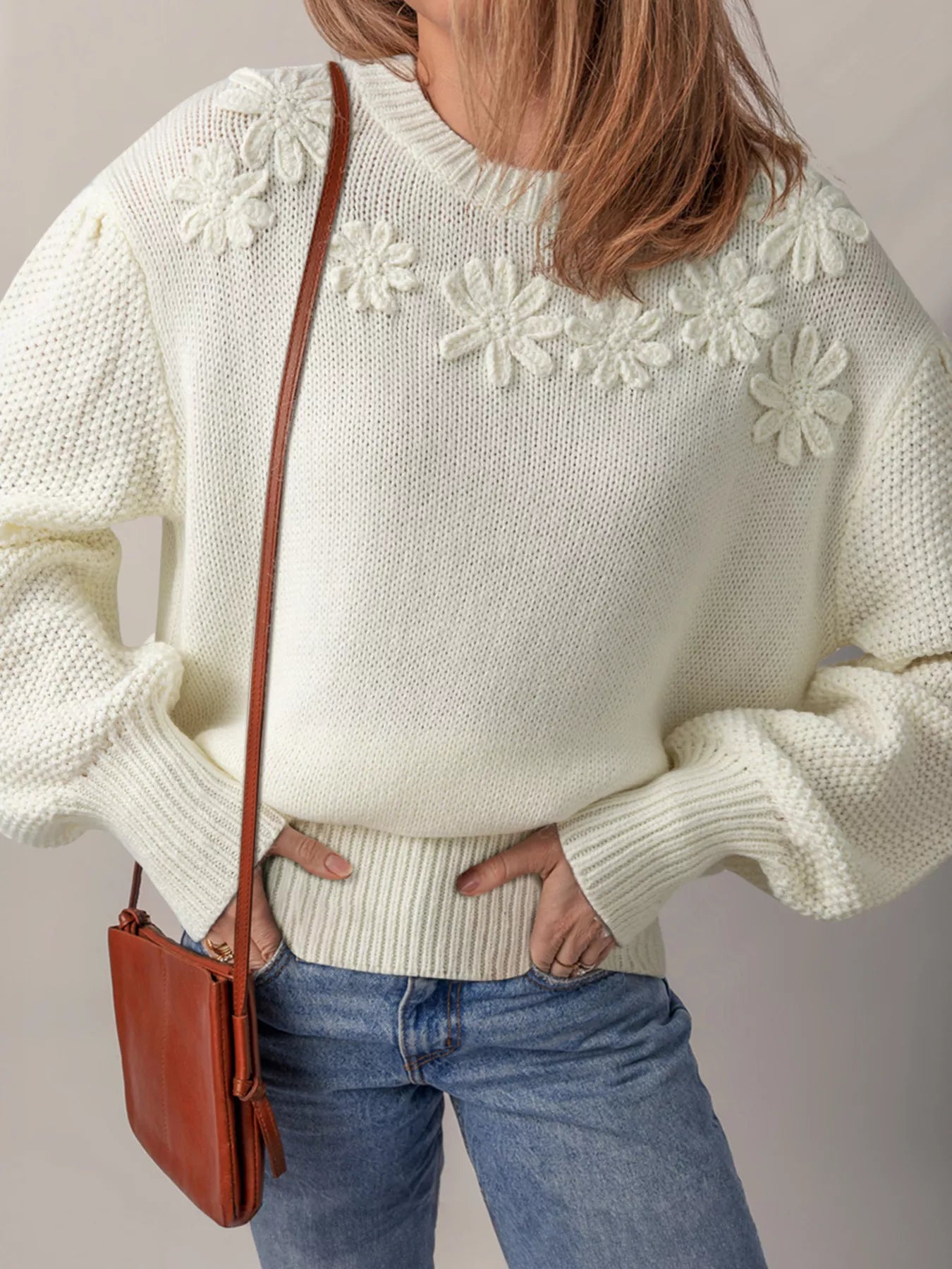 Flower Detail Round Neck Contrast Textured Puff Sleeve Sweater-Nordavory