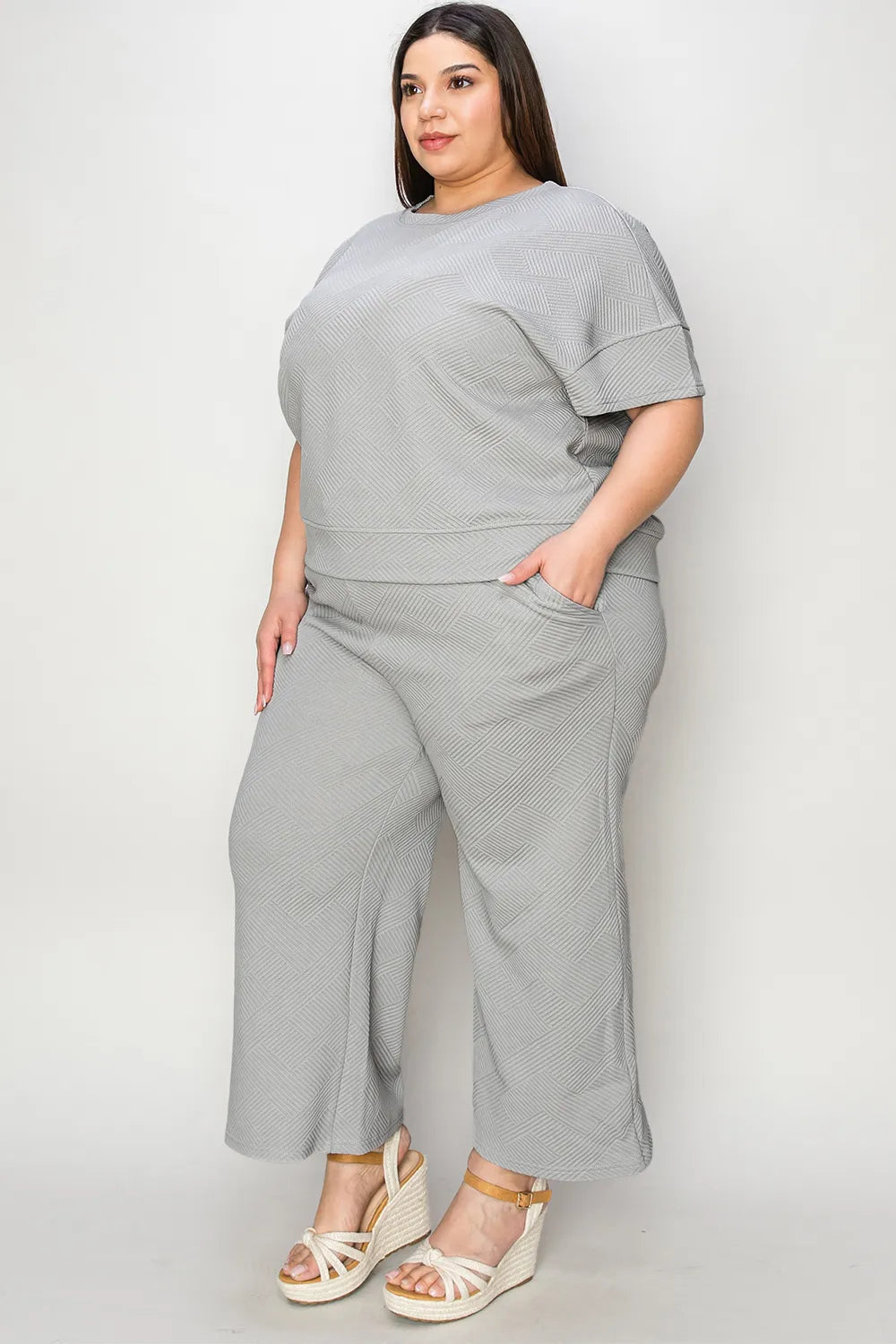 Double Take Full Size Texture Short Sleeve Top and Pants Set-Nordavory