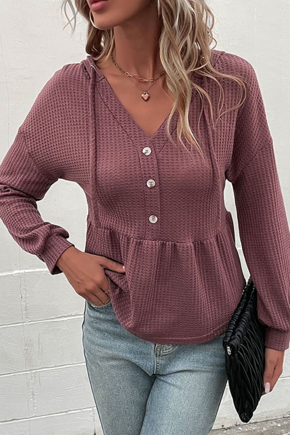 Perfee Waffle-Knit Buttoned Drop Shoulder Hoodie-Nordavory