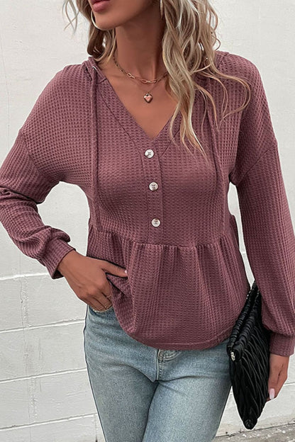 Perfee Waffle-Knit Buttoned Drop Shoulder Hoodie-Nordavory