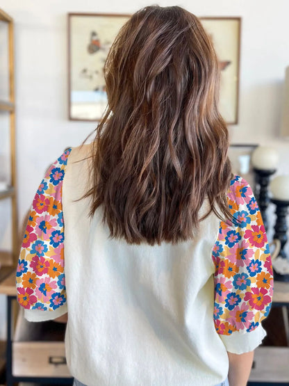Floral Puff Sleeve Round Neck T-Shirt-Nordavory