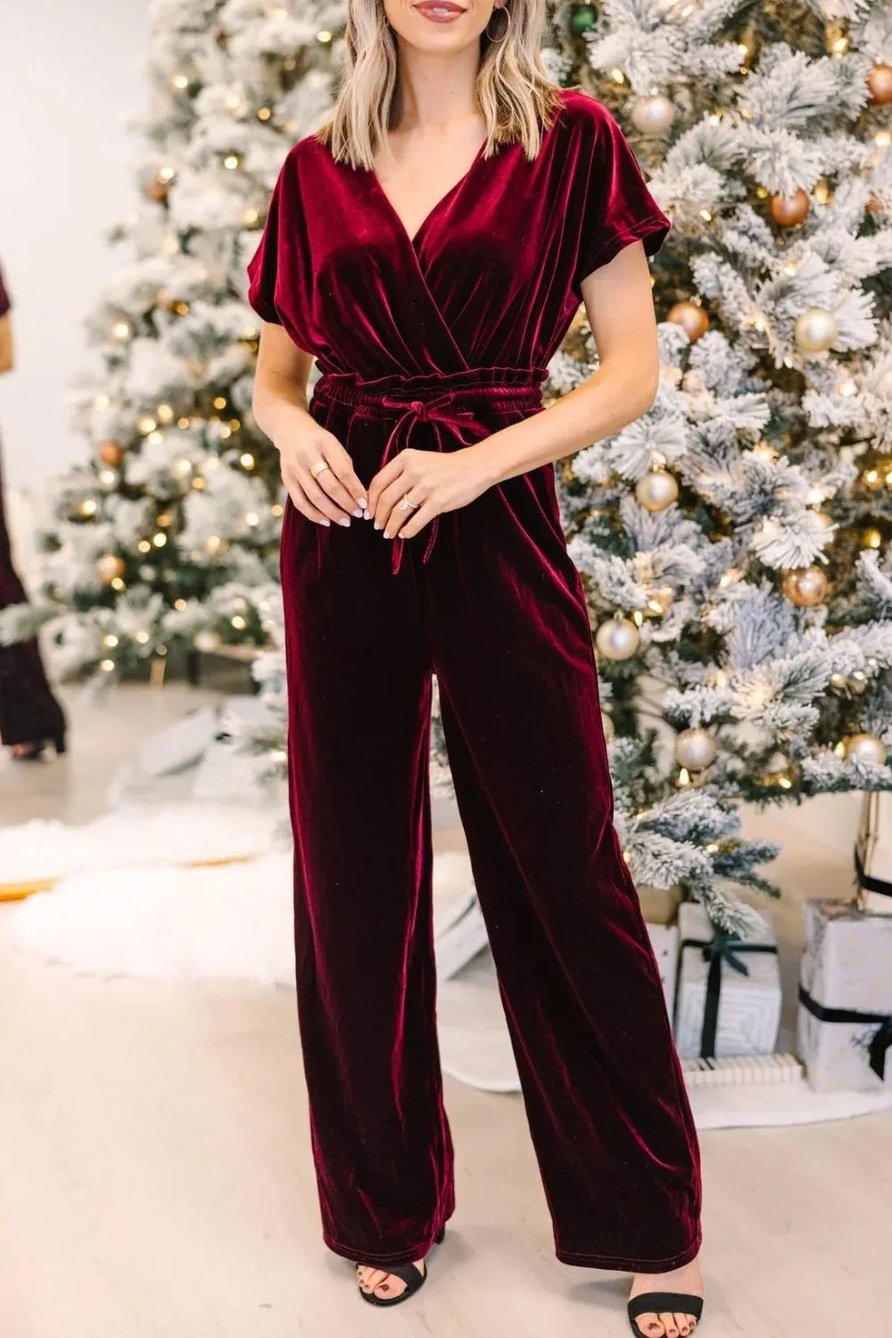 Drawstring Surplice Short Sleeve Jumpsuit-Nordavory