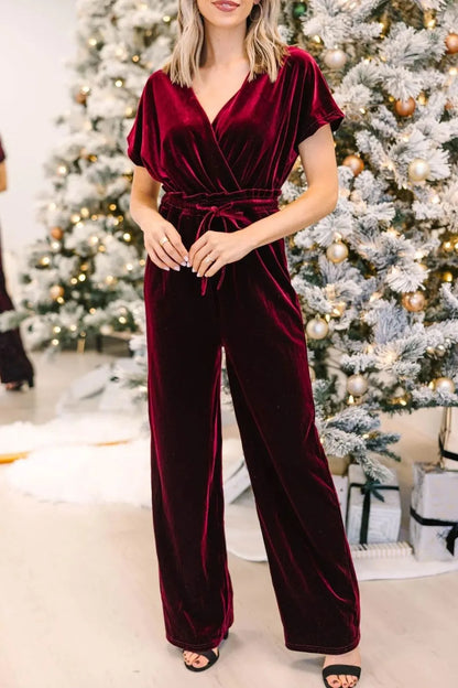 Drawstring Surplice Short Sleeve Jumpsuit-Nordavory
