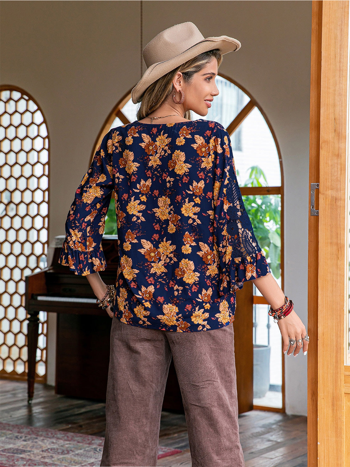 Floral V-Neck Crochet Blouse-Nordavory