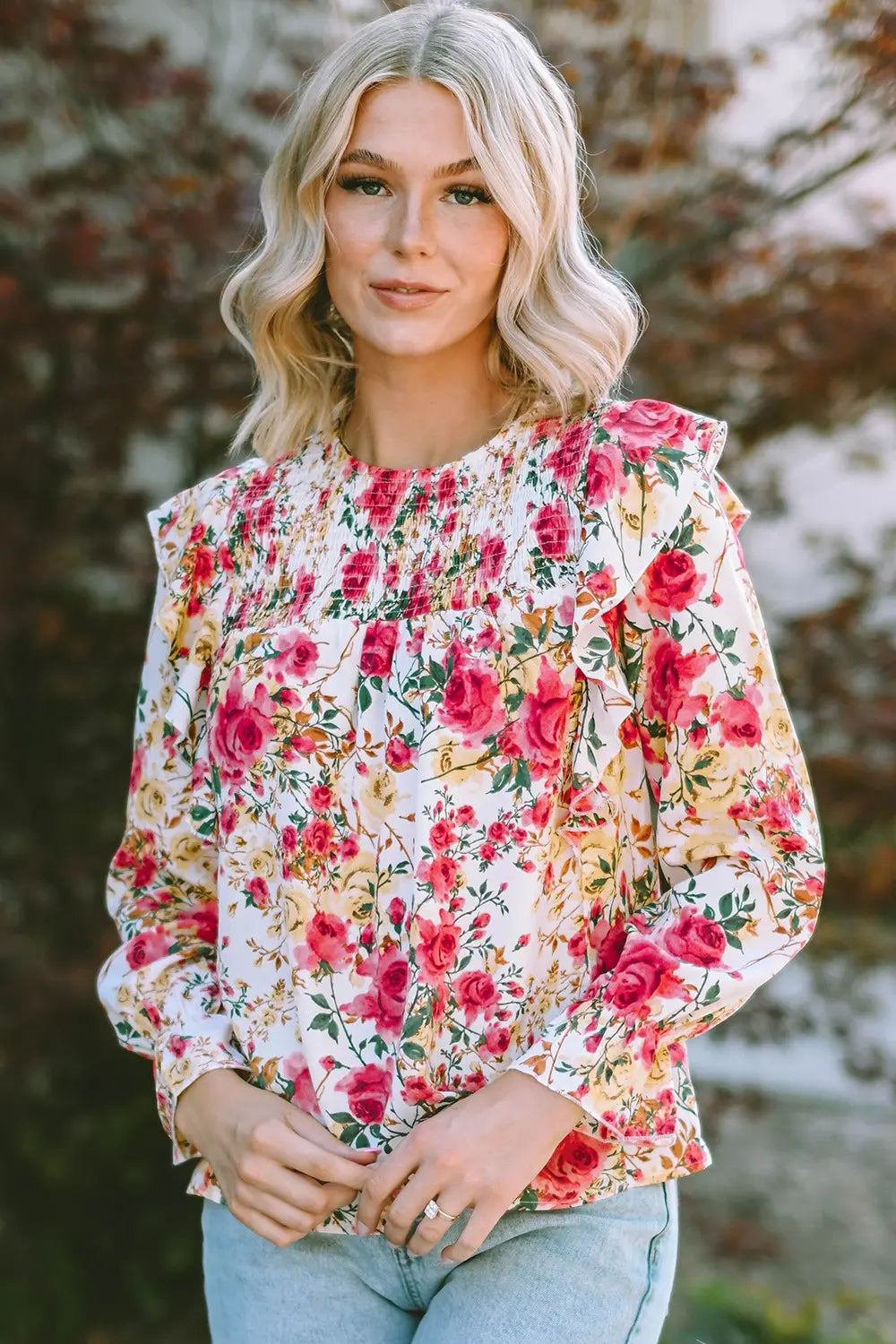 Floral Round Neck Smocked Blouse-Nordavory
