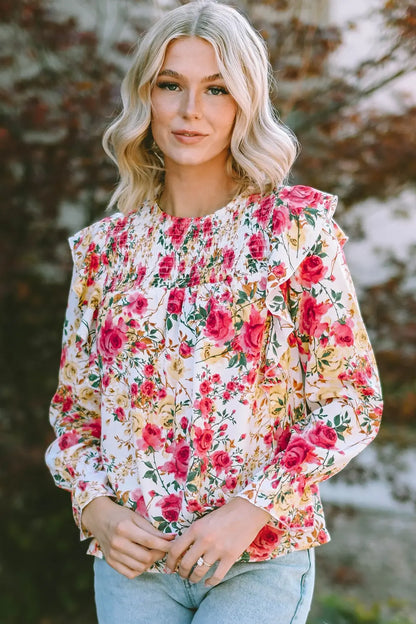 Floral Round Neck Smocked Blouse-Nordavory