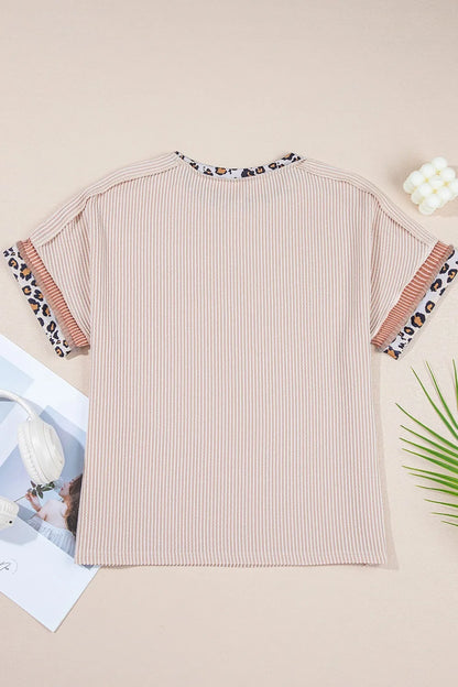 Leopard Trim Round Neck Ribbed T-Shirt-Nordavory