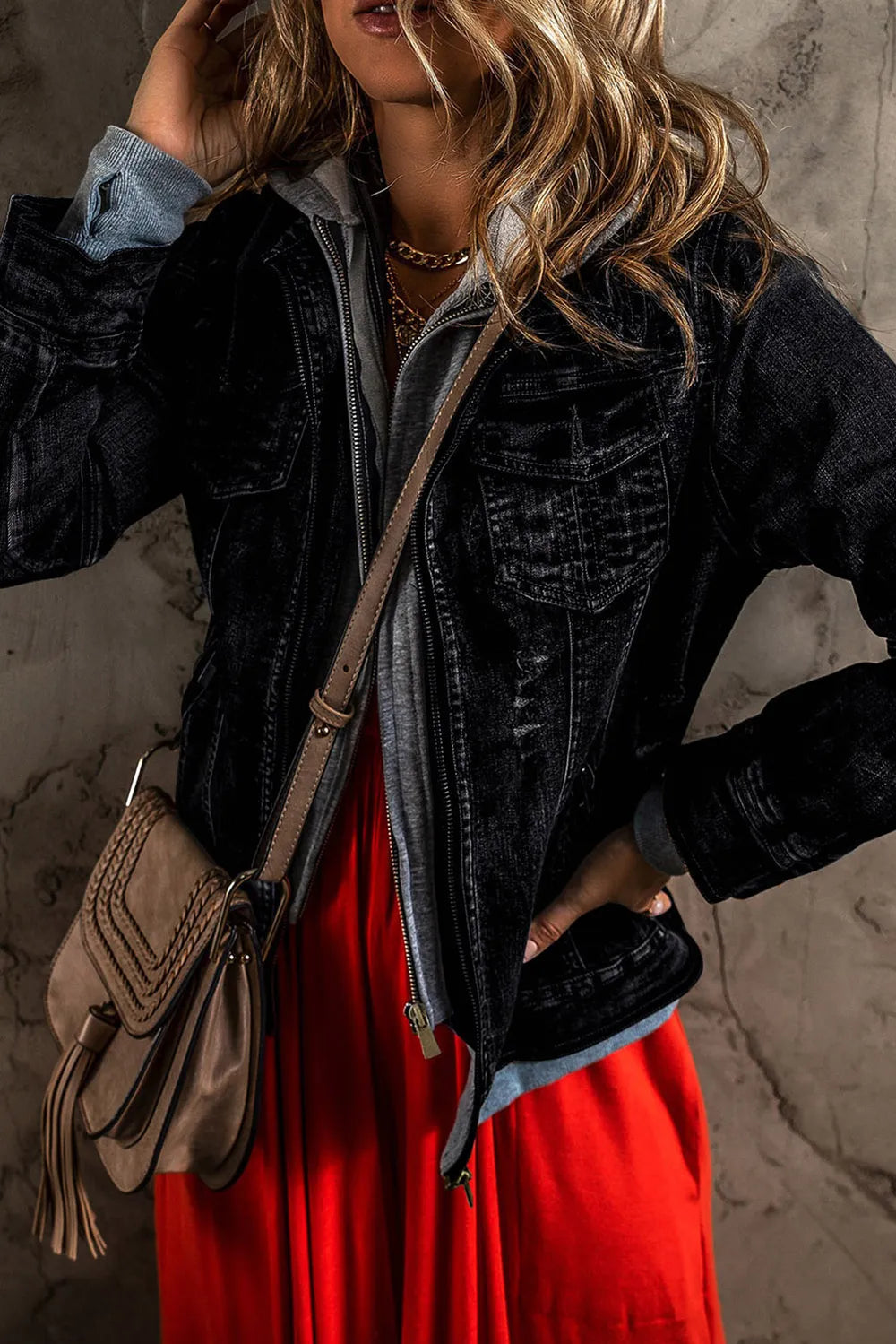 Fake Two-Piece Hooded Zip-Up Denim Jacket-Nordavory