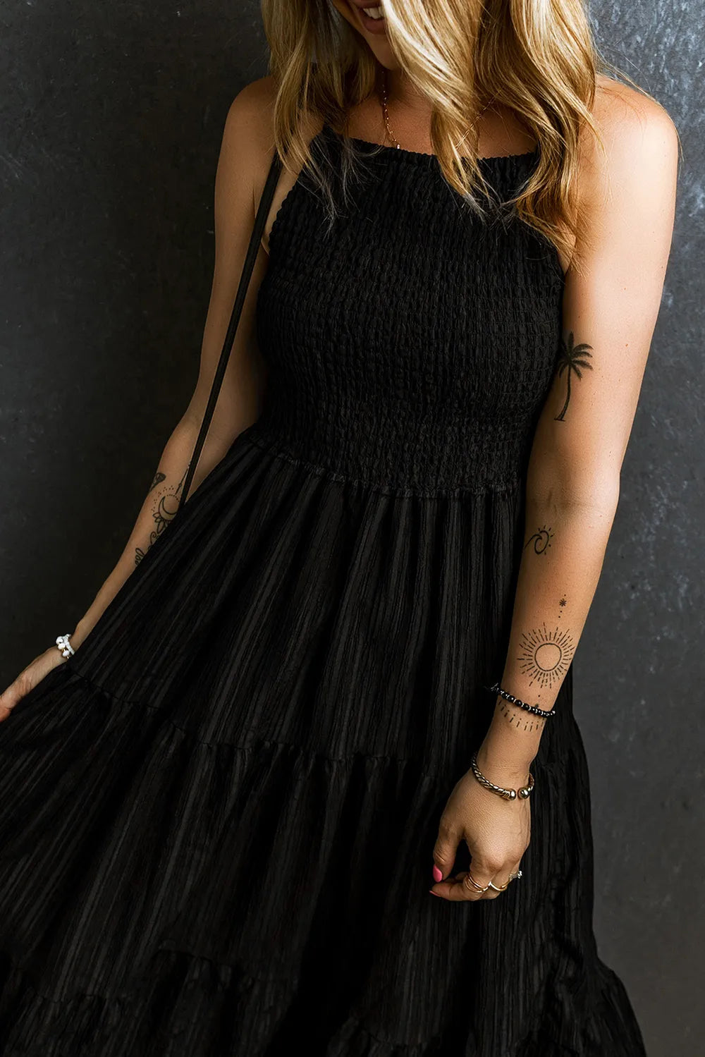 Smocked Tiered Spaghetti Strap Dress-Nordavory