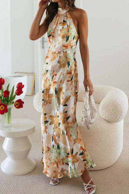 Floral Print Halter Neck Maxi Dress-Nordavory