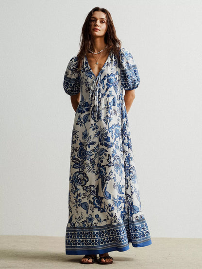 Floral Print Tie-Neck Puff Sleeve Maxi Dress-Nordavory