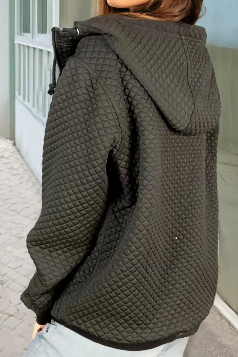 Drawstring Zip Up Long Sleeve Hooded Jacket-Nordavory