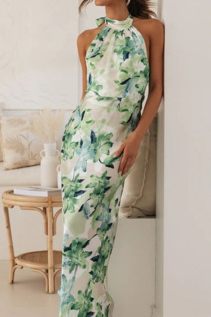 Floral Print Halter Neck Maxi Dress-Nordavory