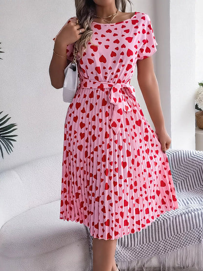 Heart Print Belted Pleated Midi Dress-Nordavory