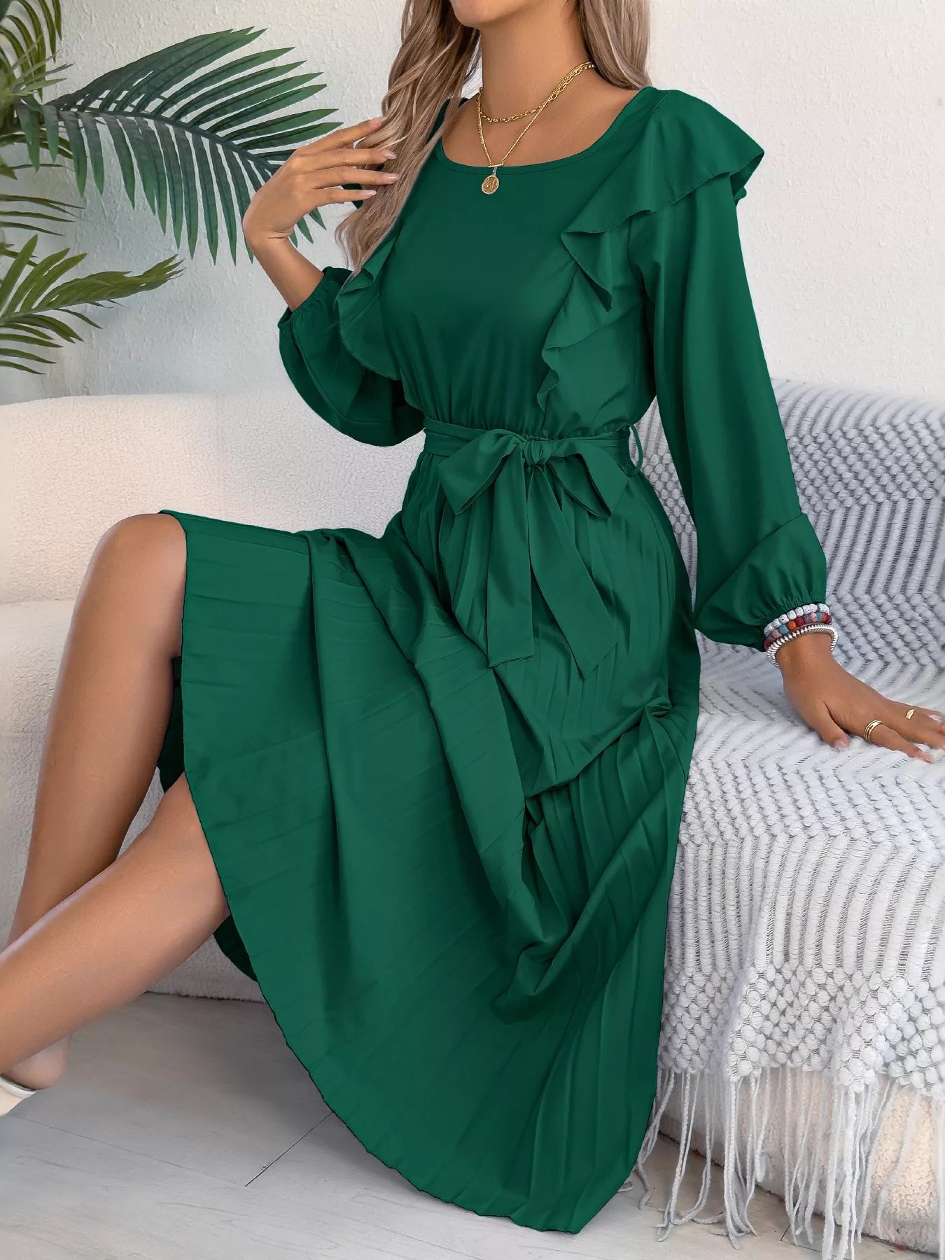 Ruffle Trim Pleated A-Line Midi Dress-Nordavory