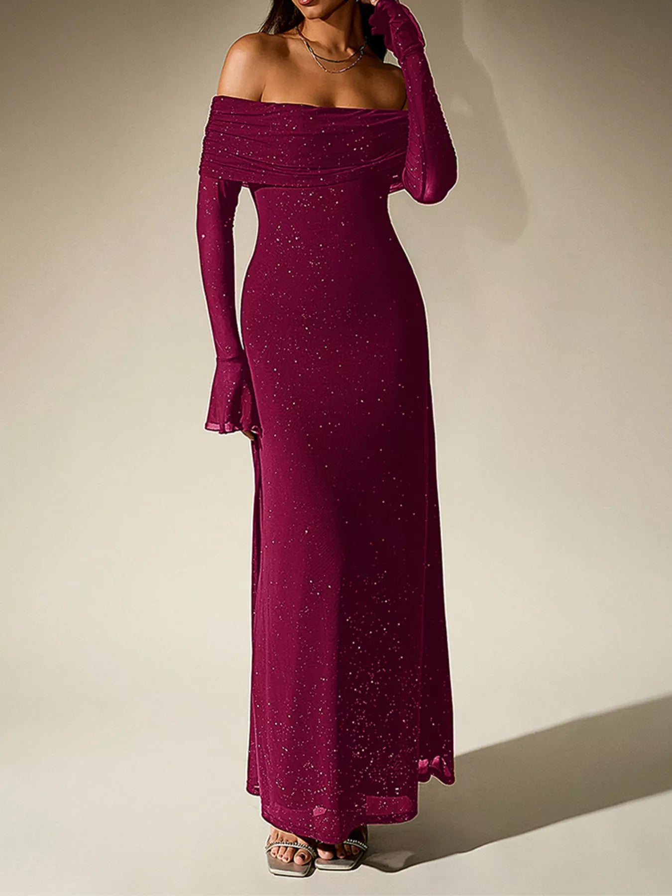 Glitter Off-Shoulder Maxi Dress-Nordavory
