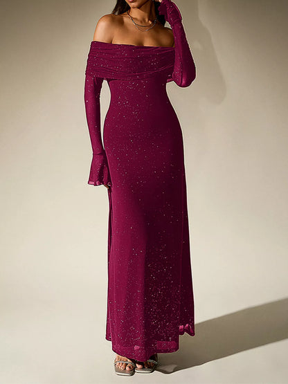 Glitter Off-Shoulder Maxi Dress-Nordavory