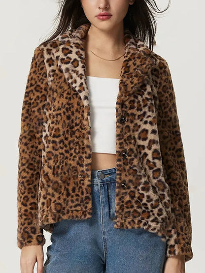 Fuzzy Leopard Collared Neck Jacket-Nordavory