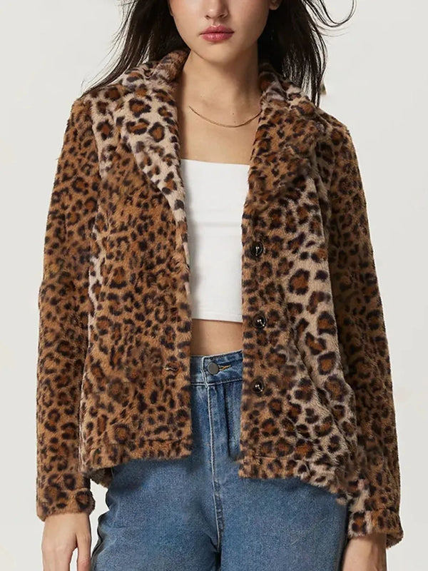 Fuzzy Leopard Collared Neck Jacket-Nordavory