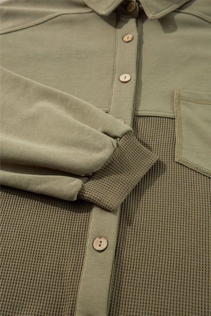 Waffle-Knit Collared Neck Long Sleeve Shacket-Nordavory