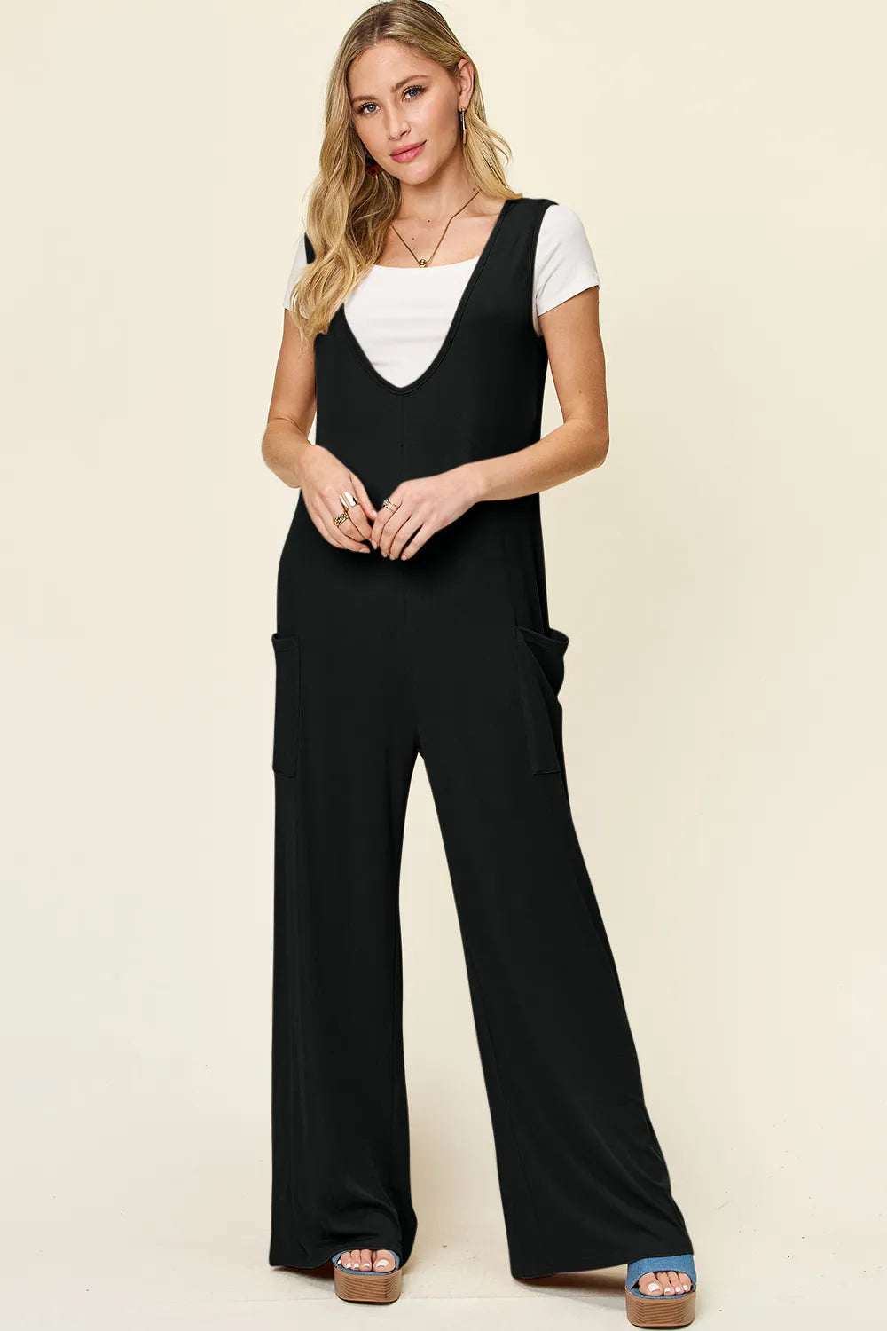 Double Take Full Size Sleeveless Wide Leg Jumpsuit with Pockets-Nordavory